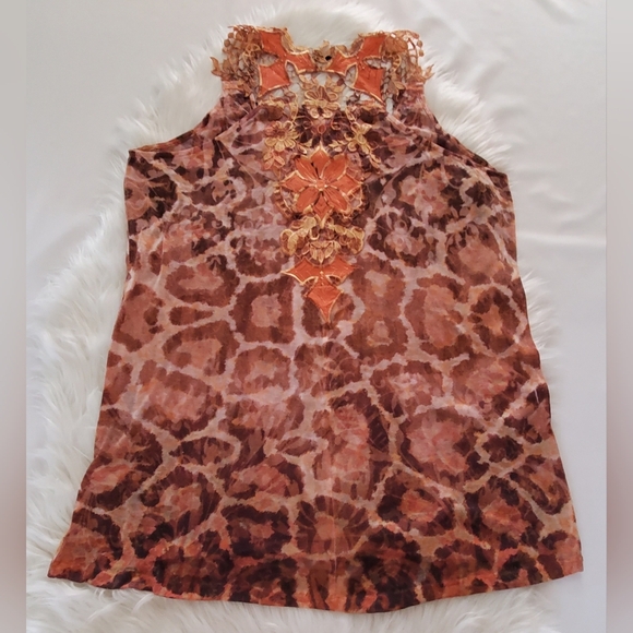 One World Embroydered Graphic Halter Tank Top Orange And Brown Print Size L - Picture 4 of 8